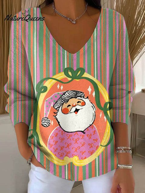 Women's Cute Santa Claus Illustration Art Print Casual Pullover Sweater