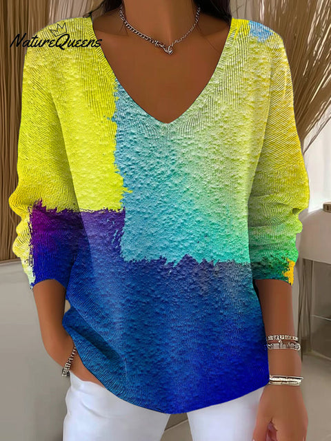 Women's Abstract Multicolor Paint Art Print Casual Pullover Sweater