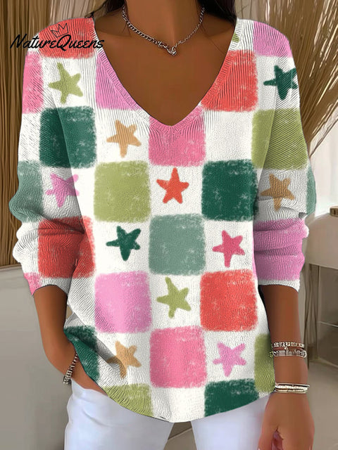 Women's Abstract Multicolor Checkered Star Painting Art Print Casual Pullover Sweater