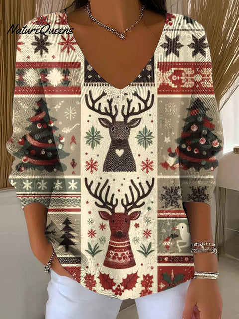 Women's Beautiful Christmas Tree Reindeer Painting Art Print Casual Pullover Sweater