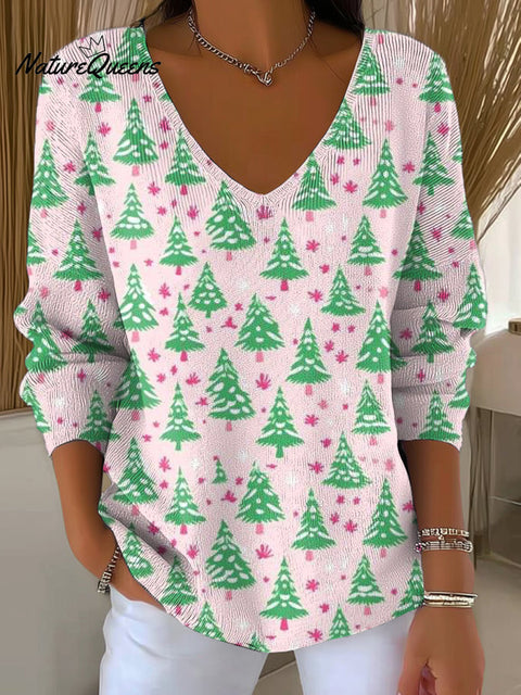 Women's Beautiful Cute Christmas Tree Drawing Art Print Casual Pullover Sweater