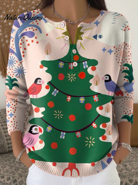 Beautiful Cute Christmas Tree Gift Bird Painting Art Print Buttoned Cardigan Sweater