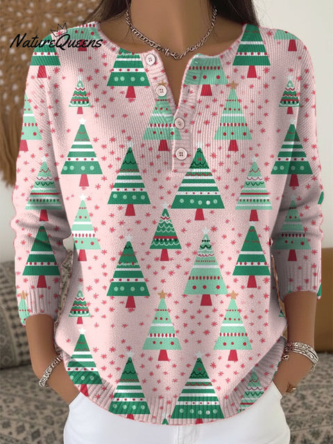 Beautiful Cute Christmas Tree Drawing Art Print Buttoned Cardigan Sweater