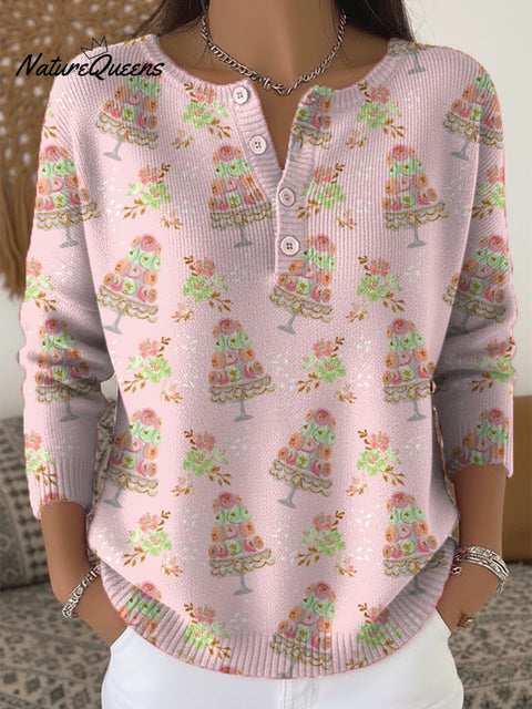 Beautiful Cute Christmas Tree Painting Art Print Buttoned Cardigan Sweater
