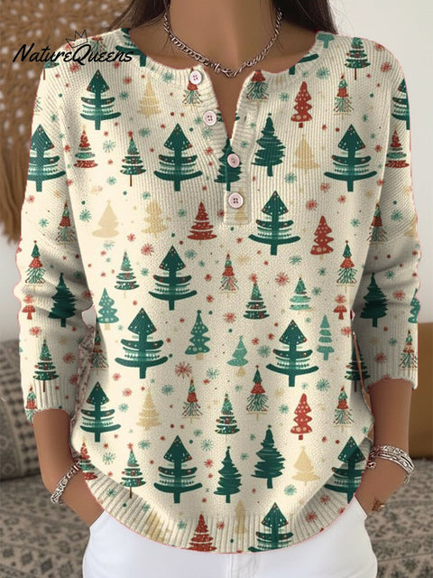 Beautiful Cute Christmas Tree Painting Art Print Buttoned Cardigan Sweater