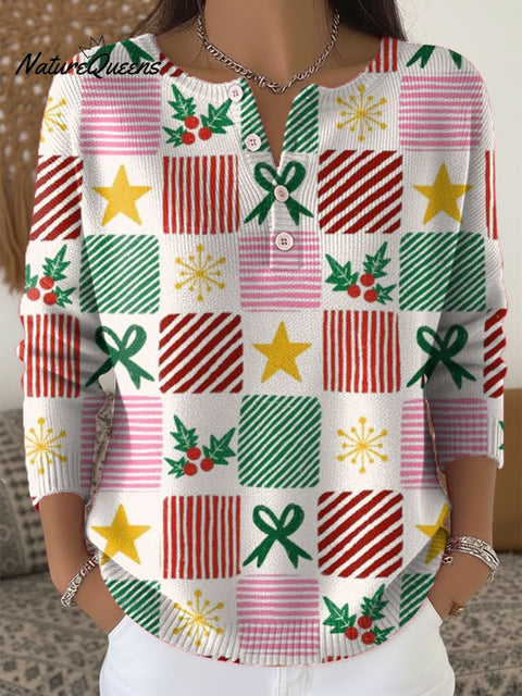 Beautiful Colorful Christmas Gift Plaid Painting Art Print Buttoned Cardigan Sweater