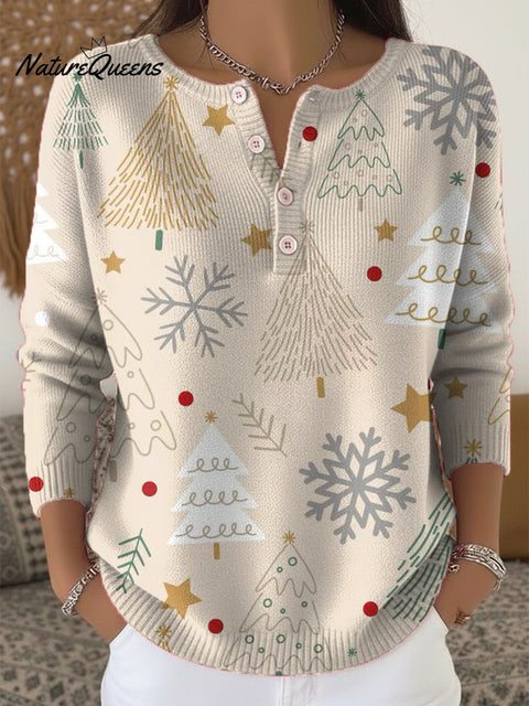 Beautiful Cute Winter Snowflake Christmas Tree Painting Art Print Buttoned Cardigan Sweater