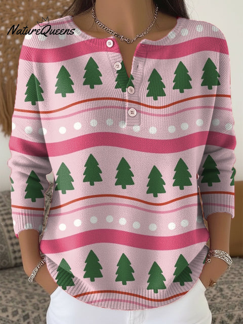 Beautiful Cute Winter Christmas Tree Painting Art Print Buttoned Cardigan Sweater