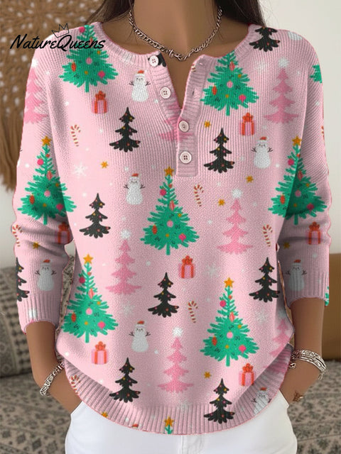 Beautiful Cute Winter Christmas Tree Painting Art Print Buttoned Cardigan Sweater