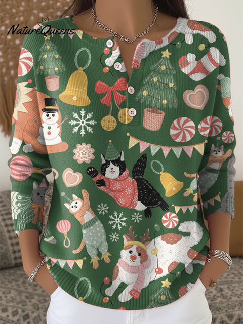 Beautiful Cute Winter Christmas Gift Cat Painting Art Print Buttoned Cardigan Sweater