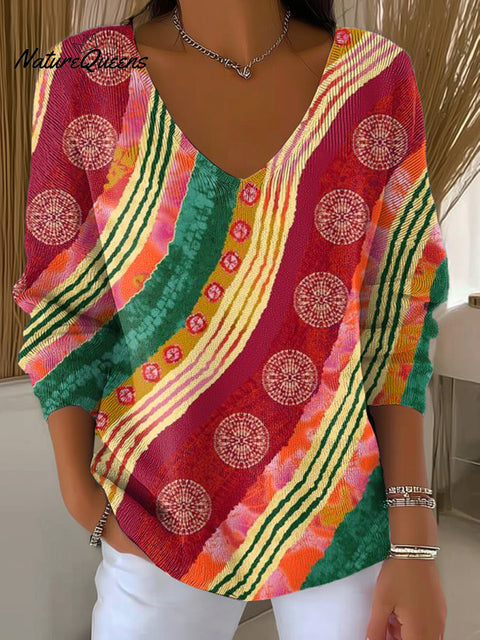 Women's Beautiful Colorful Abstract Stripes Painting Art Print Casual Pullover Sweater