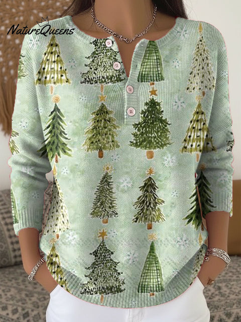 Cute Winter Christmas Tree Drawing Art Print Buttoned Cardigan Sweater