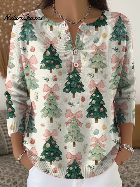 Beautiful Cute Christmas Tree Gift Painting Art Print Buttoned Cardigan Sweater