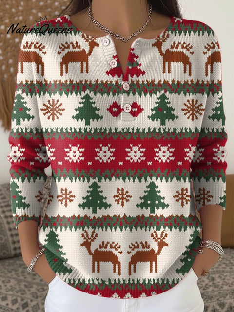 Beautiful Cute Christmas Tree Elk Painting Art Print Buttoned Cardigan Sweater