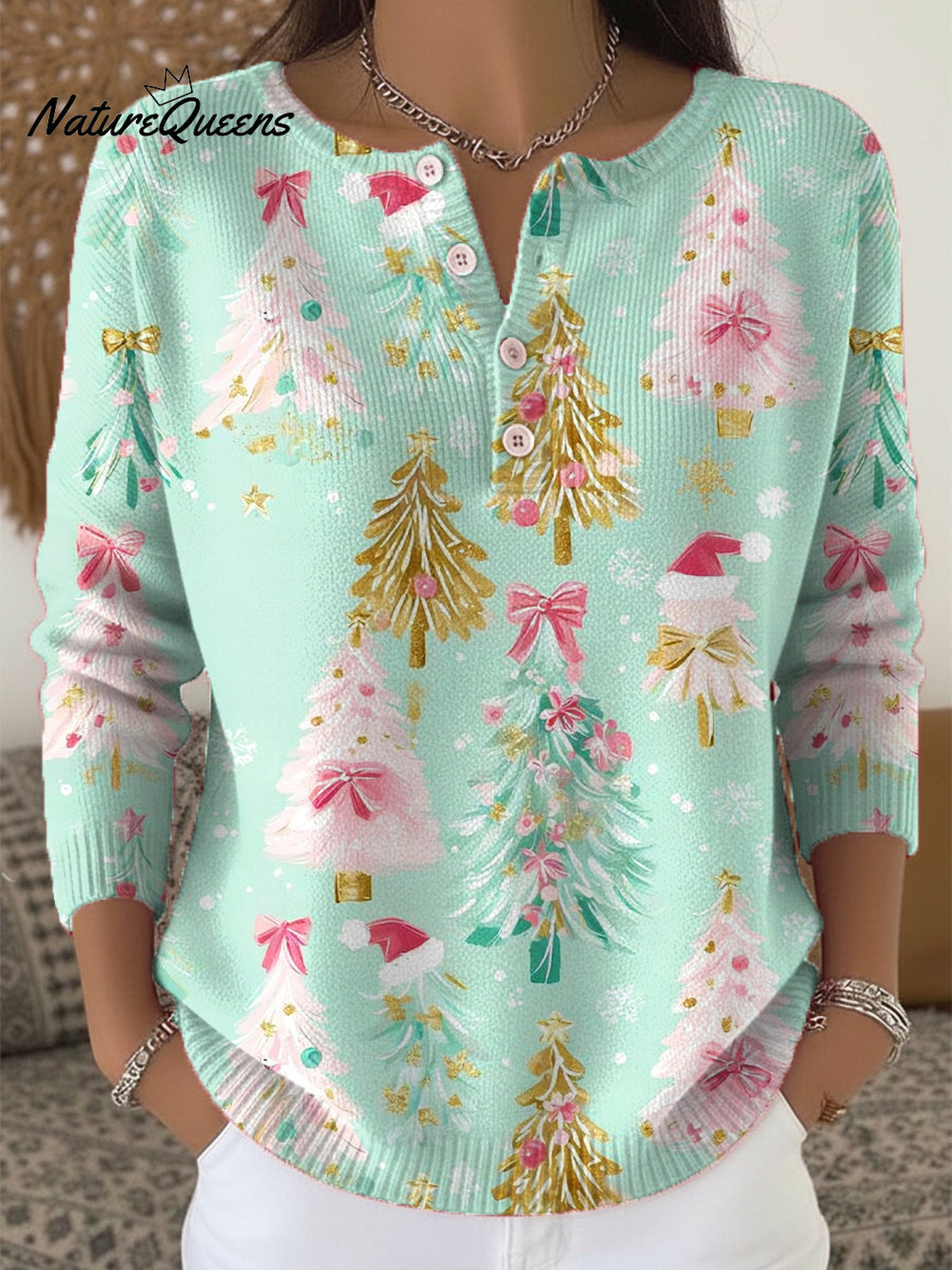 Beautiful Colorful Christmas Tree Gifts Painting Art Print Buttoned Cardigan Sweater