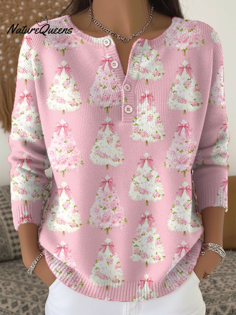 Beautiful Cute Christmas Tree Gift Painting Art Print Buttoned Cardigan Sweater