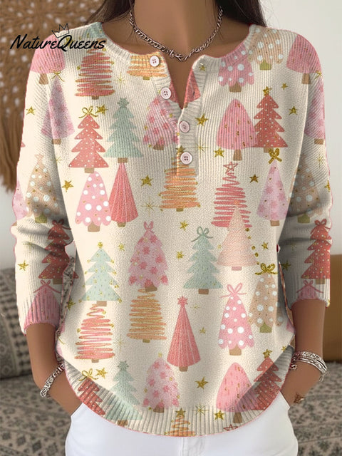 Beautiful Colorful Christmas Tree Gifts Painting Art Print Buttoned Cardigan Sweater