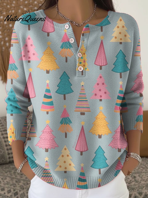 Beautiful Colorful Christmas Tree Painting Art Print Buttoned Cardigan Sweater