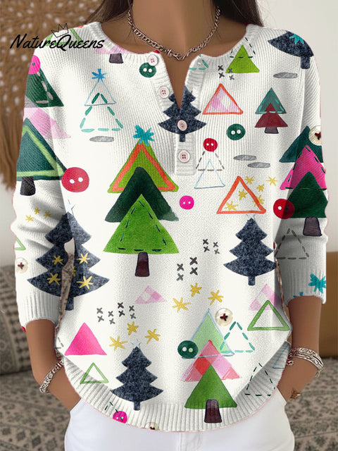 Abstract Beautiful Colorful Christmas Tree Painting Art Print Buttoned Cardigan Sweater