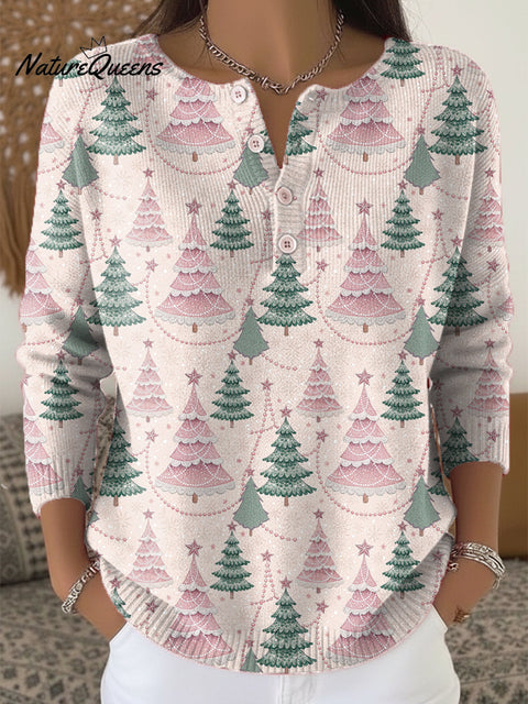 Beautiful Winter Christmas Tree Drawing Art Print Buttoned Cardigan Sweater