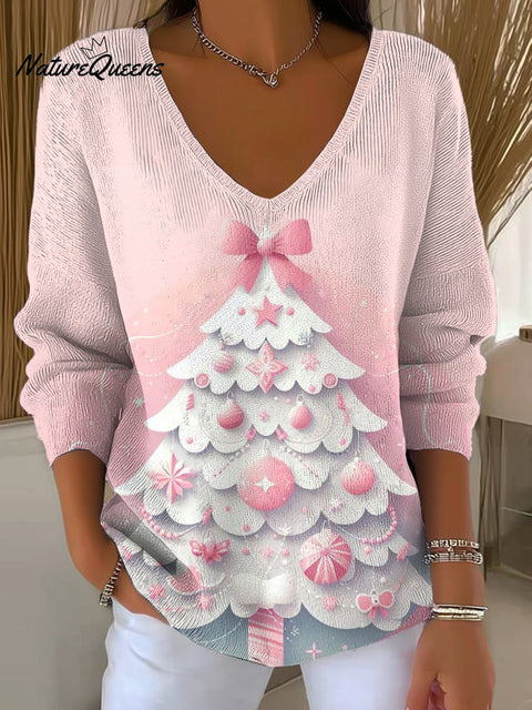 Women's Beautiful Winter Christmas Tree Drawing Art Print Casual Pullover Sweater
