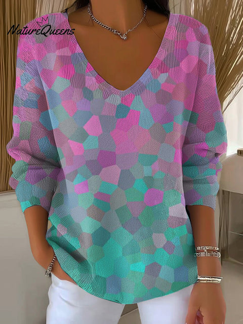 Women's Abstract Geometric Color Block Painting Art Print Casual Pullover Sweater