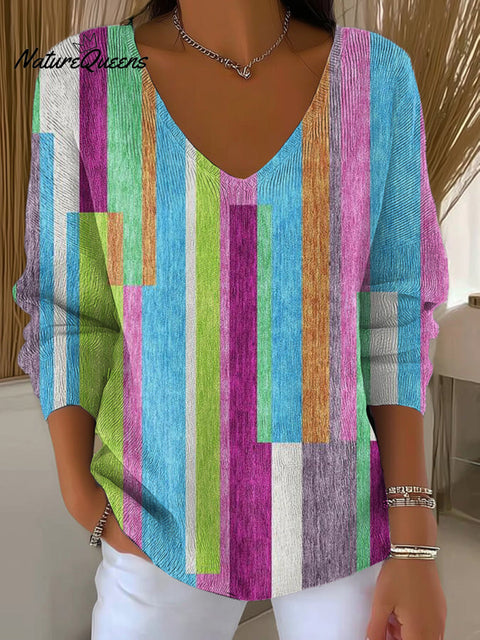 Women's Beautiful Colorful Abstract Stripe Painting Art Print Casual Pullover Sweater
