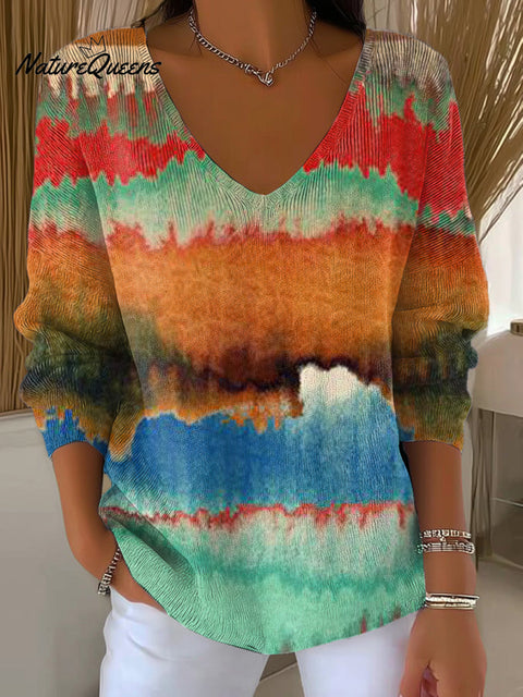 Women's Beautiful Colorful Abstract Stripe Painting Art Print Casual Pullover Sweater