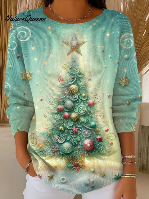 Women's Beautiful Winter Christmas Tree Drawing Art Print Casual Pullover Sweater