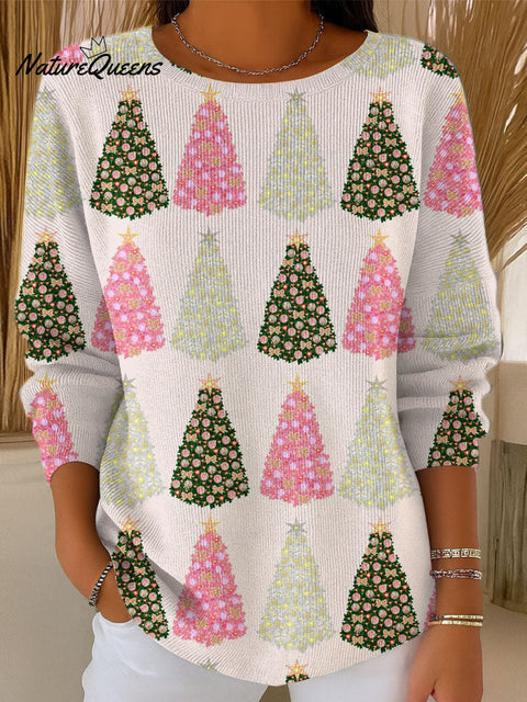 Women's Beautiful Winter Christmas Tree Drawing Art Print Casual Pullover Sweater