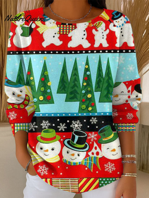 Women's Beautiful Colorful Christmas Tree Snowman Drawing Art Print Casual Pullover Sweater