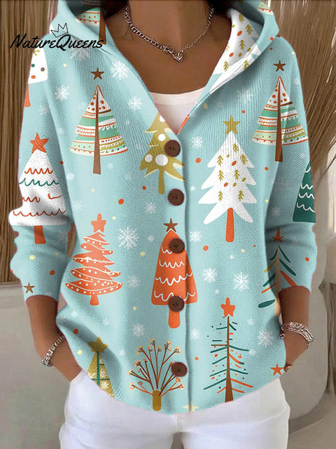 Women's Beautiful Colorful Winter Christmas Tree Painting Art Print Casual Hooded Button Sweater