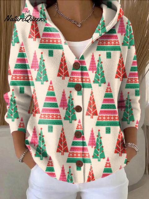 Women's Beautiful Winter Colorful Christmas Tree Painting Art Print Casual Hooded Button Sweater