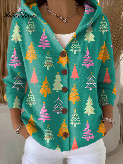 Women's Colorful Winter Christmas Tree Painting Art Print Casual Hooded Button Sweater