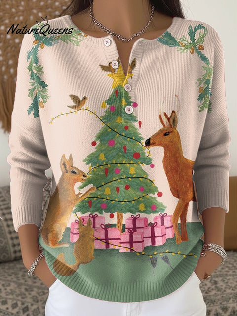 Beautiful Christmas Tree Animal Painting Art Print Buttoned Cardigan Sweater