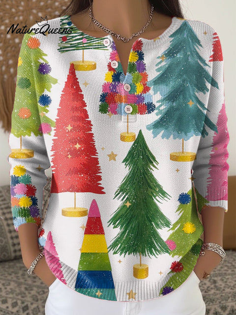 Beautiful Colorful Christmas Tree Painting Art Print Buttoned Cardigan Sweater