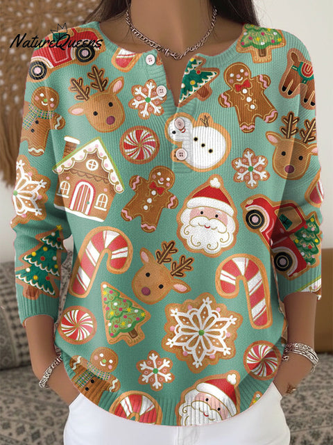 Merry Christmas! Christmas Pattern Painting Art Print Buttoned Cardigan Sweater