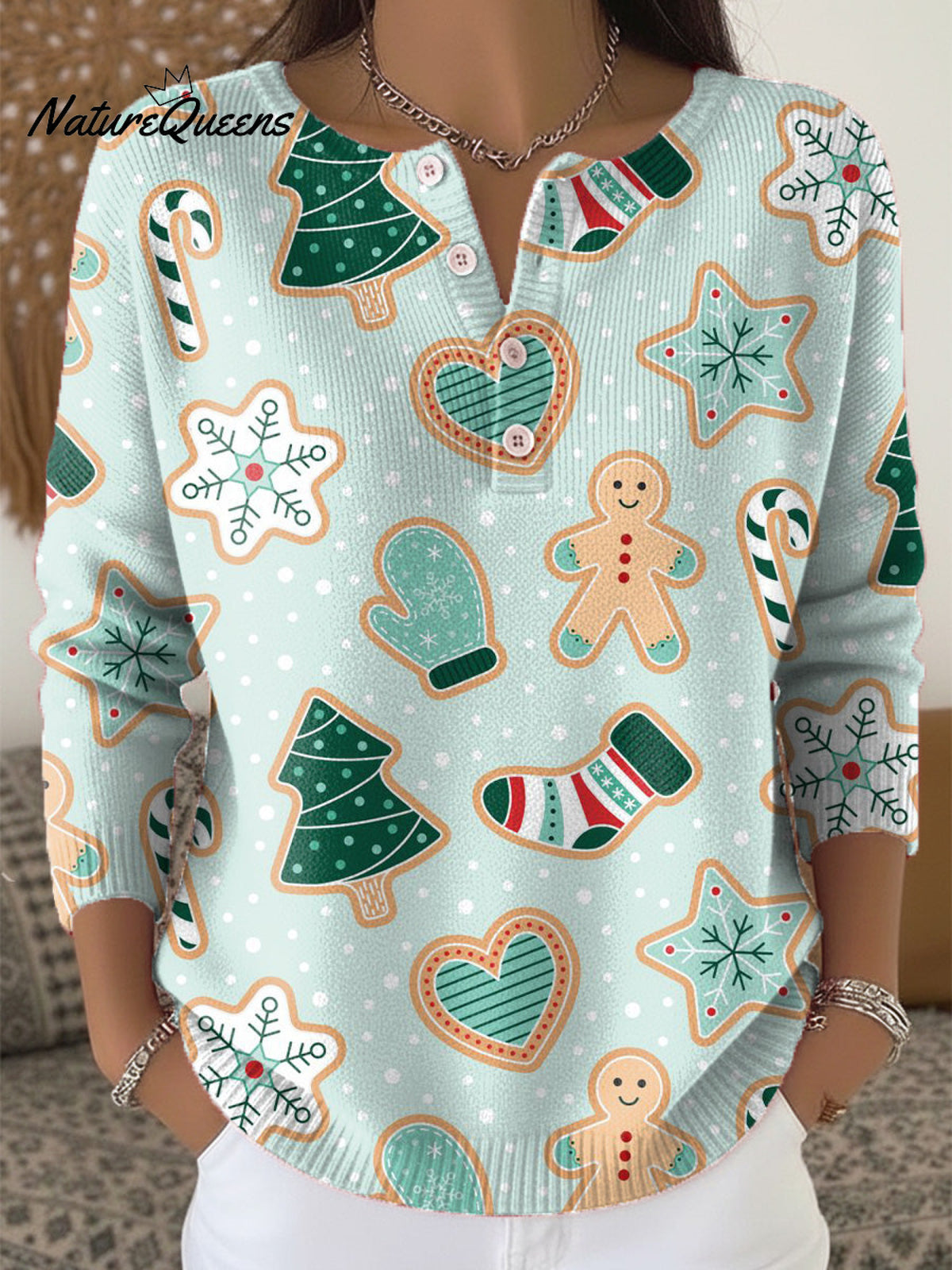 Merry Christmas! Christmas Pattern Painting Art Print Buttoned Cardigan Sweater