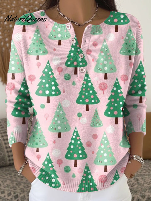 Merry Christmas! Beautiful Christmas Tree Painting Art Print Buttoned Cardigan Sweater