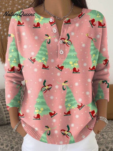Merry Christmas! Abstract Christmas Tree Painting Art Print Buttoned Cardigan Sweater