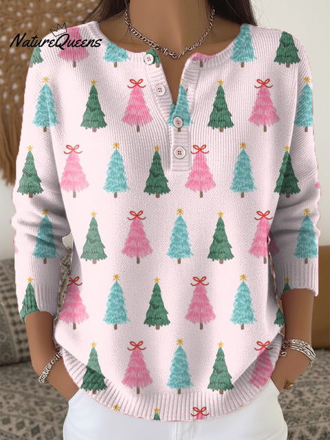 Beautiful And Colorful Winter Christmas Tree Painting Art Print Buttoned Cardigan Sweater