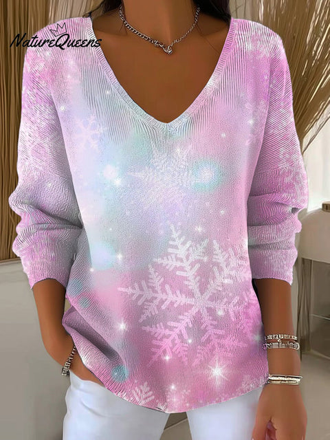 Women's Beautiful Pink Snowflake Painting Art Print Casual Pullover Sweater