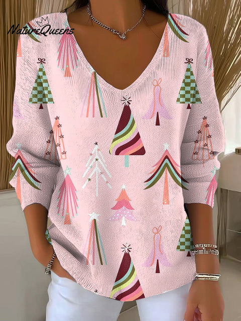 Women's Merry Christmas! Colorful Christmas Tree Painting Art Print Casual Pullover Sweater