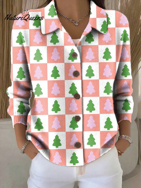 Women's Christmas Tree Plaid Painting Art Print Cowl Neck Sweater