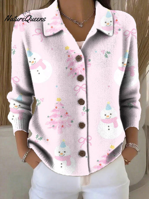 Women's Merry Christmas Christmas Tree Snowman Drawing Art Print Cowl Neck Sweater