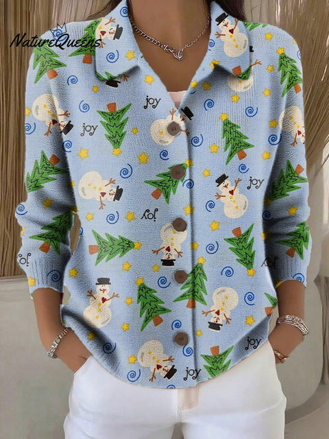 Women's Merry Christmas Christmas Tree Snowman Drawing Art Print Cowl Neck Sweater
