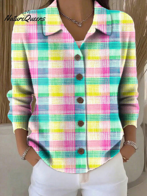 Women's Beautiful Colorful Plaid Painting Art Print Cowl Neck Sweater