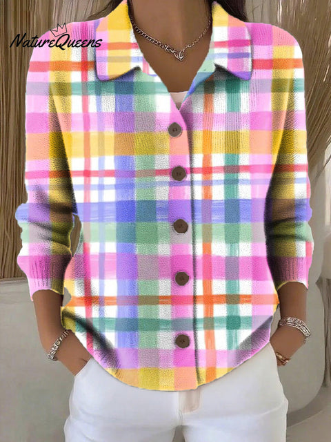 Women's Beautiful Colorful Plaid Painting Art Print Cowl Neck Sweater