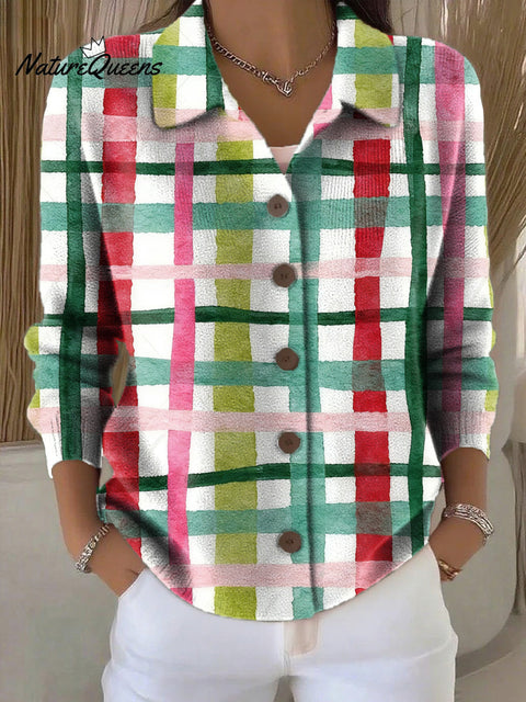 Women's Beautiful Colorful Plaid Painting Art Print Cowl Neck Sweater