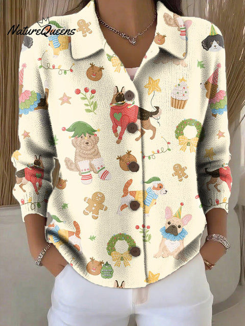 Women's Merry Christmas Christmas Dog Painting Art Print Cowl Neck Sweater